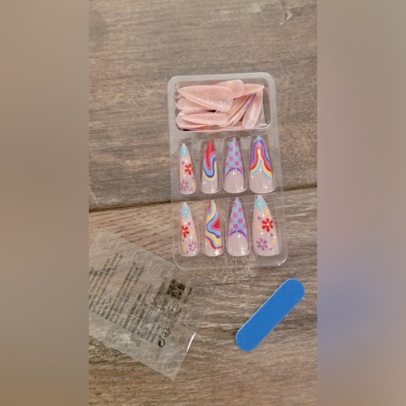 Cute Colorful Summer Press On Nails Stiletto Flower Check Nails Y2K Nails - Picture 4 of 4